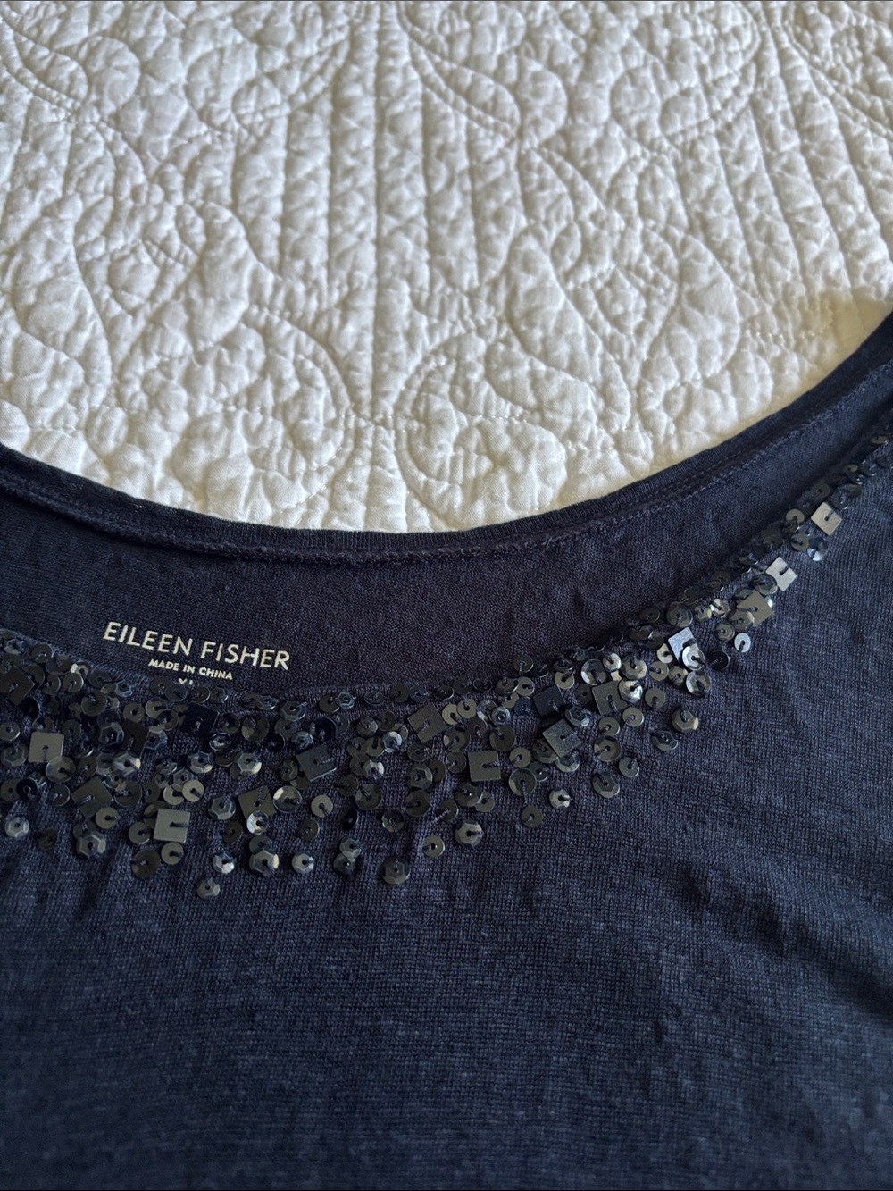 Eileen Fisher Navy Linen Embellished Scoop Neck Tank Top Sequins Size XL - Picture 5 of 11